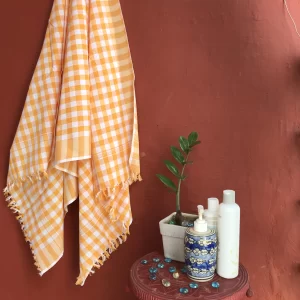 Ikat Cotton Bath Towel Checked Orange & White