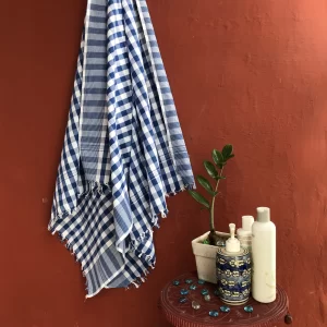 Ikat Cotton Bath Towel Checked Blue & White