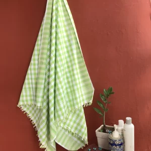 Ikat Cotton Bath Towel Checked Light Green & White