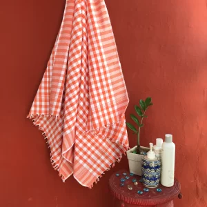Ikat Cotton Bath Towel Checked Rust & White