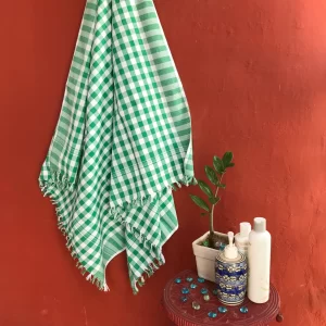 Ikat Cotton Bath Towel Checked Dark Green & White